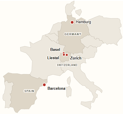 Map of Germany, Switzerland, and Spain with red markers for Hamburg, Basel, Liestal, Zürich, and Barcelona